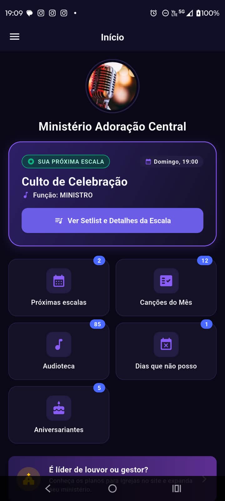 Tela Inicial do App Ministrasom